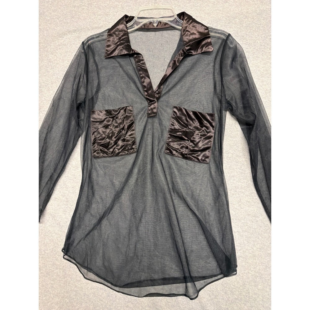 Mainstrip Black Sheer Mesh Long Sleeve Top Satin Trim Pockets Womens Medium